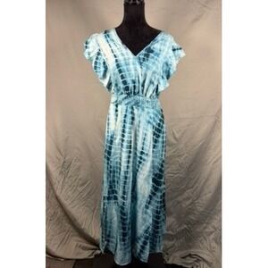 BloomChic Maxi Dress Womens 12 Blue Tie Dye Excellent Ruffle Sleeve Side Slit
